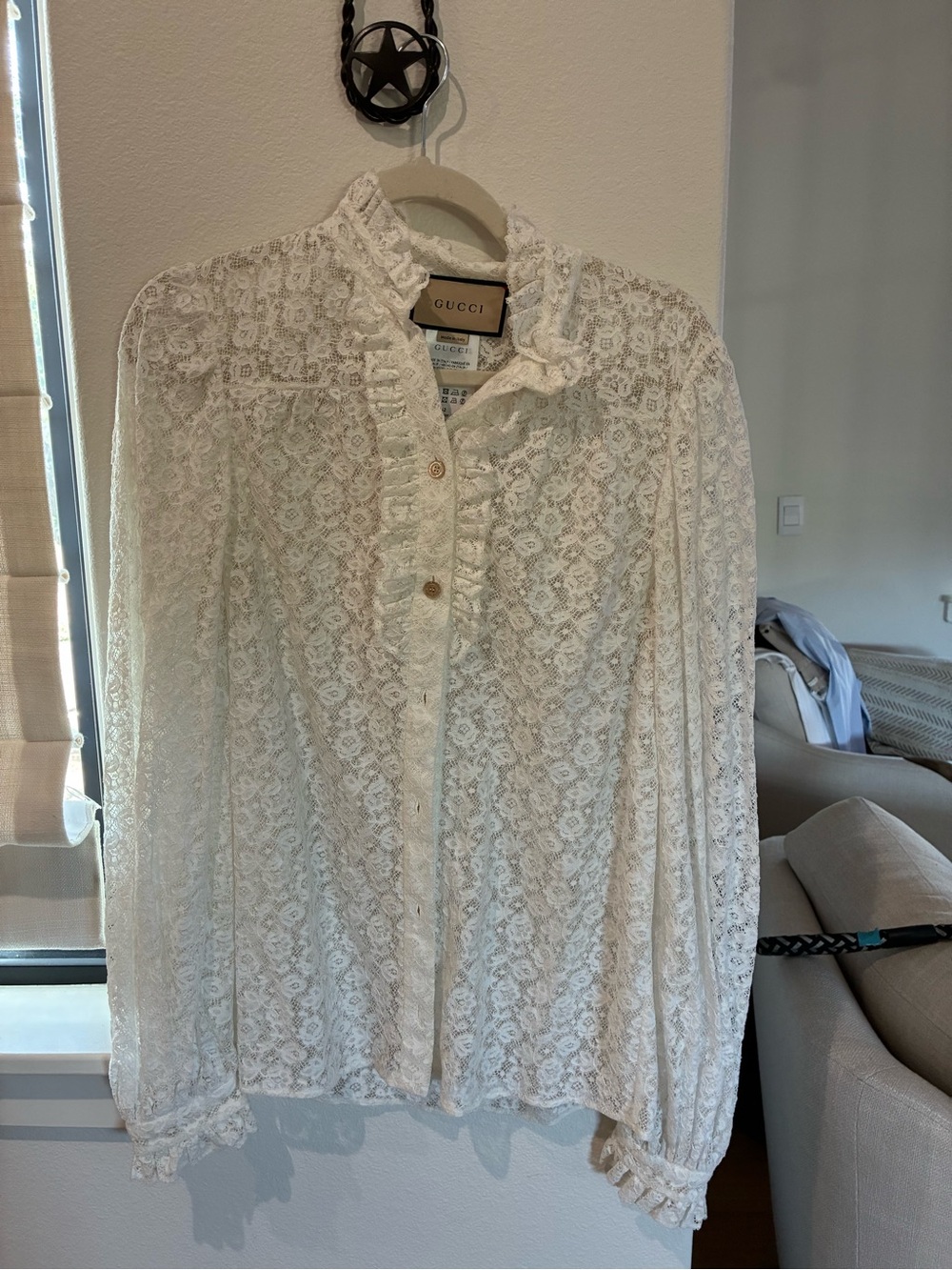 Gucci Cream Lace Ruffle Button-Up Blouse